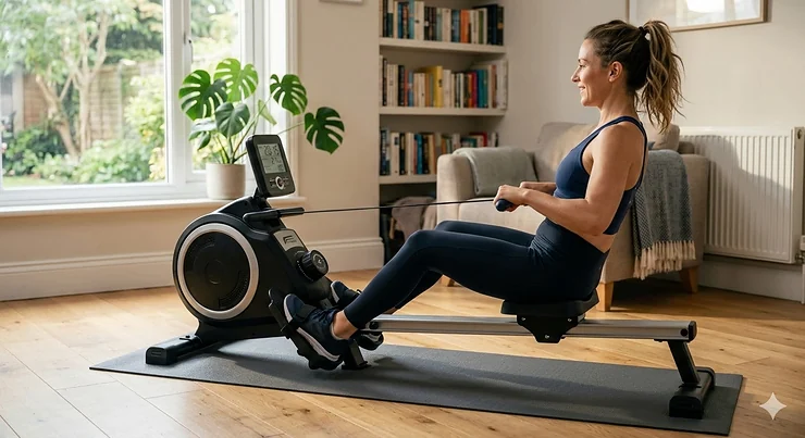 A person using a budget rowing machine under £150 in a bright, modern UK home gym setup with natural light. budget rowing machine under £150