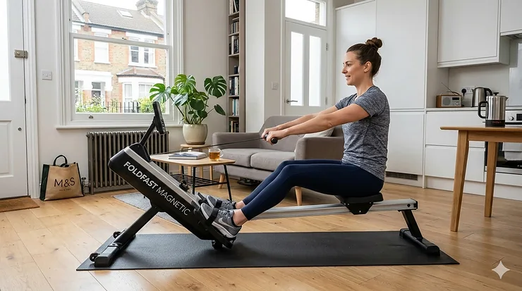 A woman exercises on a compact, foldable magnetic rower in a small, modern London flat with terraced houses visible outside. foldable magnetic rower for small flat