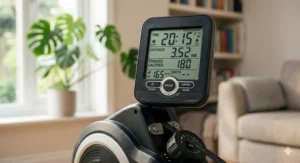 Close-up of a digital rowing machine console showing workout metrics including time, distance in km, and calorie burn.