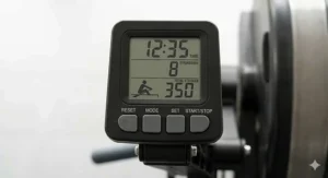 A close-up of a budget-friendly rowing machine LCD monitor, displaying time, stroke rate, and distance compared to the standard PM5 console.