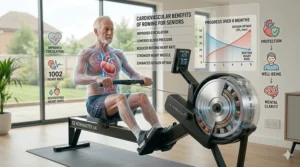 Infographic showing the heart health benefits of regular low-impact rowing exercise for older adults.