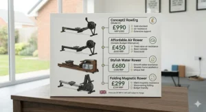 A pricing table comparing the Concept2 RowErg RRP against three cheaper air, water, and magnetic rowing machine alternatives in British pounds.