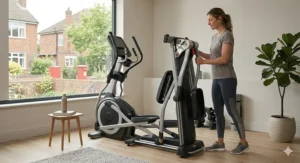 A compact, space-saving folding elliptical being tucked into the corner of a British spare room.