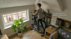 A side-by-side comparison showing the space-saving benefits of a compact cross trainer versus a bulky gym model.