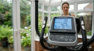 A close-up photorealistic illustration of the LCD console of a 2 in 1 cross trainer and exercise bike, showing a workout metrics interface including time, distance in km, and calories burnt.