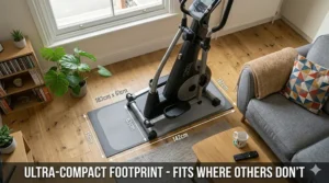 A high-angle view showing the ultra-compact footprint of a cross trainer measured against a standard floor mat.