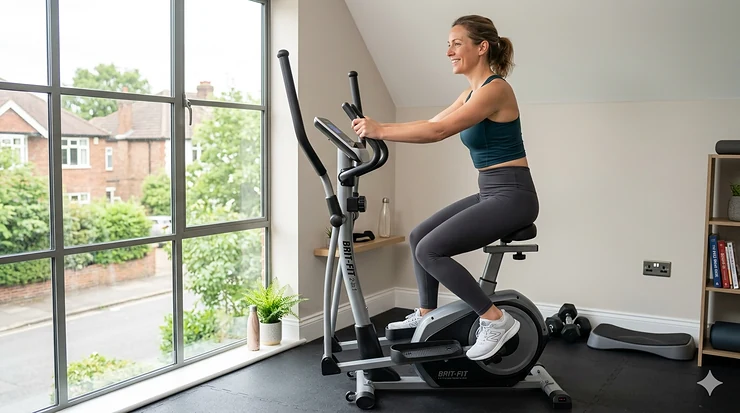 A person using a 2-in-1 cross trainer with a bike seat in a modern UK home gym, demonstrating a low-impact workout for bad knees. cross trainer with bike seat for bad knees