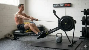 A man training on an air rowing machine in a home gym with a wall-mounted digital timer showing HIIT intervals and rest periods.