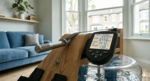 Close-up of the digital performance monitor on a wooden rower showing stroke rate and heart rate metrics.