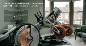 An exploded view of a quiet-lock transport system, showing how the elliptical can be easily moved and stored in a small UK home or cupboard.