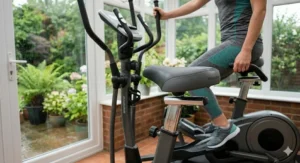 A photorealistic close-up illustration of the padded, ergonomic adjustable saddle on a 2 in 1 cross trainer and exercise bike, highlighting comfort features and the height adjustment mechanism.