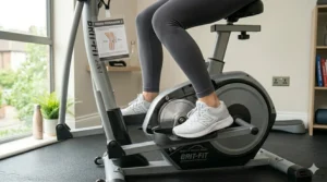 Supporting illustration showing the ergonomic elliptical path of the legs, ensuring a joint-friendly cardio workout for bad knees.