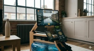 A smartphone and tablet syncing workout data via Bluetooth from a water resistance rower.