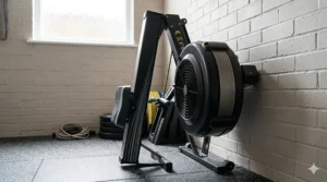 A foldable air rowing machine stored vertically against a white brick wall to save floor space in a compact British garage gym.