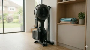 A compact, foldable magnetic rowing machine stored neatly in a typical UK spare room or lounge.
