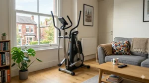 A space-saving cross trainer folded into an upright position to reclaim floor space in a small flat.