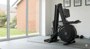 A compact, folding rowing machine stored vertically in a modern British home gym, demonstrating space-saving solutions for smaller houses and flats.