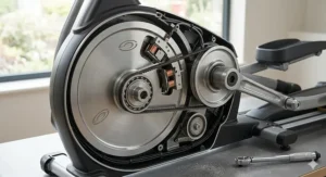 Close-up of a sturdy steel frame and heavy-duty flywheel on a high-end cross trainer.