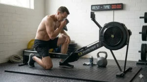 An air rowing machine positioned on a heavy-duty black rubber floor mat to protect a home gym floor during intense CrossFit training.