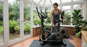 A close-up illustration demonstrating how to adjust the machine from the seated exercise bike position to the standing elliptical mode on a 2 in 1 hybrid trainer.