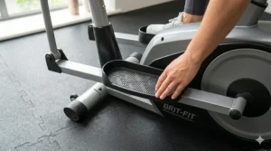 Detailed view of the wide, anti-slip foot pedals on a cross trainer, providing stability and safety for users with bad knees.