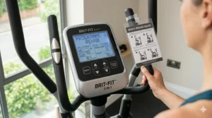 The console of a BRIT-FIT 2-in-1 machine displaying a specialised rehab programme with low resistance for knee recovery.
