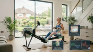 Diagram showing how a magnetic rower provides a fluid, low-impact workout that protects knees and hips.