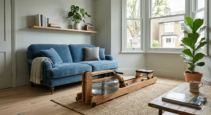 A premium oak wooden water rower placed on a jute rug in a modern British living room with a blue velvet sofa and Victorian terraced houses visible through a bay window. wooden water rower for living room