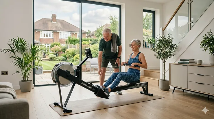 A senior British man using a magnetic rower for low-impact exercise in a sunlit home gym, demonstrating proper posture and comfort. magnetic rower for seniors low impact exercise