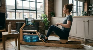 A man following a professional rowing training programme on a tablet in a British living room setting.