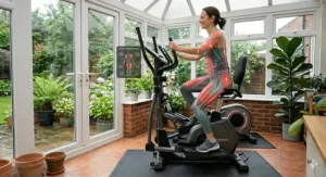 A photorealistic full-body illustration with a graphic overlay highlighting the major muscle groups targeted by a 2 in 1 cross trainer and exercise bike.