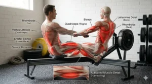 An anatomical illustration showing the primary muscles worked during air rowing, including the quadriceps, glutes, and latissimus dorsi.