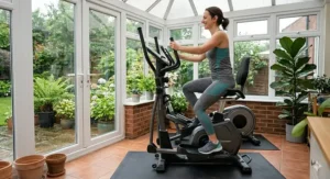 A photorealistic close-up illustration of the oversized, non-slip pedal footplates on a 2 in 1 cross trainer and exercise bike, highlighting safety and stability features.