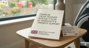 Two-year official UK warranty booklet and London-based support card displayed on a wooden side table.