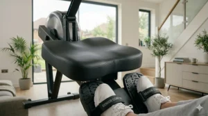 Close-up of an oversized, ergonomically padded seat and non-slip footplates for extra stability and comfort.