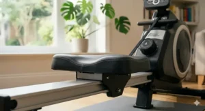 A wide, padded ergonomic seat on a rowing machine slide rail designed for comfort during long home exercise sessions.