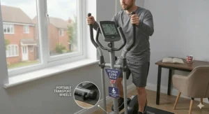 A lightweight cross trainer being moved easily using built-in transport wheels.