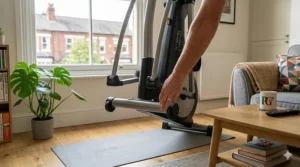 Close-up of a person using integrated transport wheels to move a cross trainer across a wooden floor.