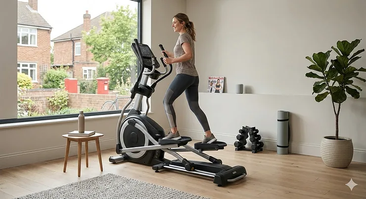 A premium black and silver elliptical cross trainer positioned in a bright, modern UK home gym with a garden view. premium elliptical for home gym UK under £1000
