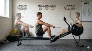 An educational diagram showing the catch, drive, and finish positions for correct rowing technique and posture during home training.