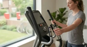 Ergonomic handlebars with integrated pulse sensors for heart rate monitoring on a home cross trainer.