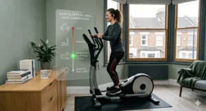 A photorealistic comparison chart showing the 48 dBA quiet operation of a rear drive elliptical versus the sound of a library and a loud vacuum cleaner.