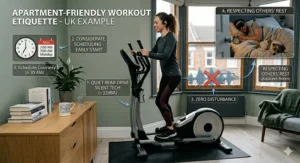 A split-screen illustration showing a user exercising on a quiet cross trainer while a partner and pet sleep undisturbed in the next room.