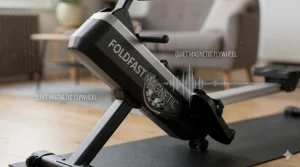 Close-up of a silent magnetic resistance flywheel with 'FOLDFAST MAGNETIC' branding, ideal for quiet home workouts in a small terrace house.