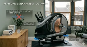 A photorealistic cutaway of a rear drive mechanism featuring a high-inertia flywheel and isolation mounts for an ultra-quiet cross trainer workout.