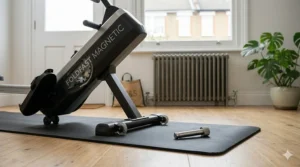 A photorealistic close-up illustration focusing on a textured protective mat underneath a FOLDFAST MAGNETIC rower on a wooden floor in a compact UK apartment.