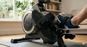 Close-up of textured non-slip footplates with adjustable Velcro straps on a rowing machine for secure foot placement.