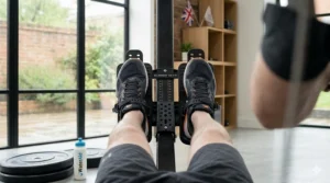 Large adjustable footplates on an air rowing machine designed to fit UK size 13 plus trainers.
