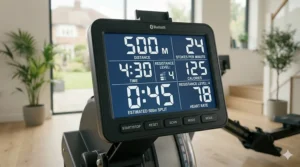 A clear, large-font LCD monitor showing distance in metres and calories burned, designed for easy reading.