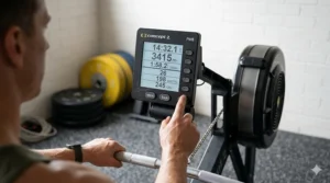 A close-up of a PM5 performance monitor on an air rower displaying split times, metres, and wattage for a CrossFit workout.